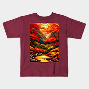 Stained Glass Autumn Mountain Scenery Kids T-Shirt